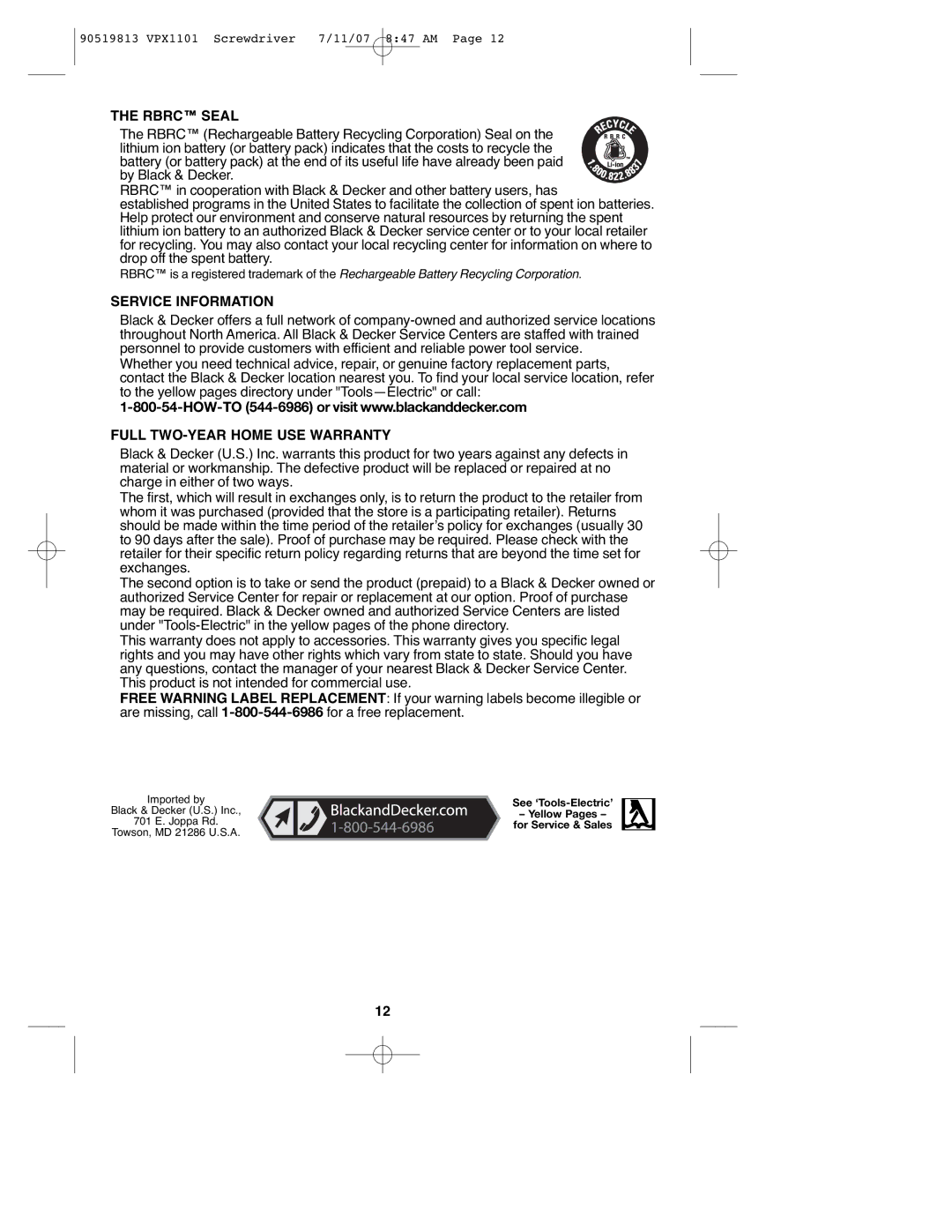 Black & Decker VPX1101 instruction manual Rbrc Seal, Service Information, Full TWO-YEAR Home USE Warranty 