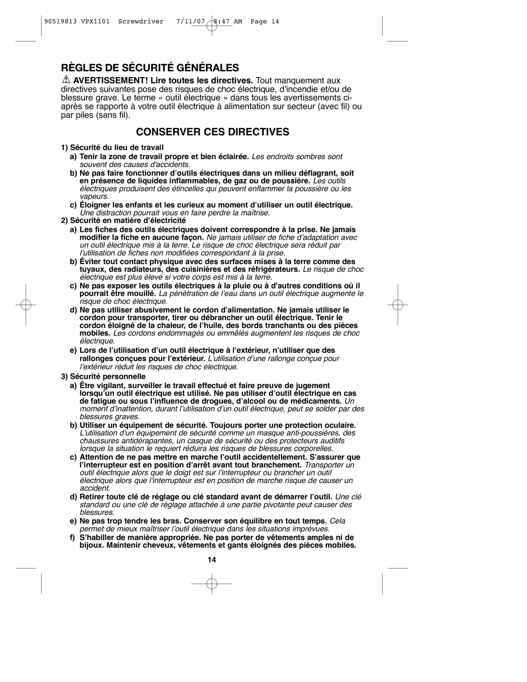 Black & Decker VPX1101 instruction manual Règles DE Sécurité Générales, Conserver CES Directives 