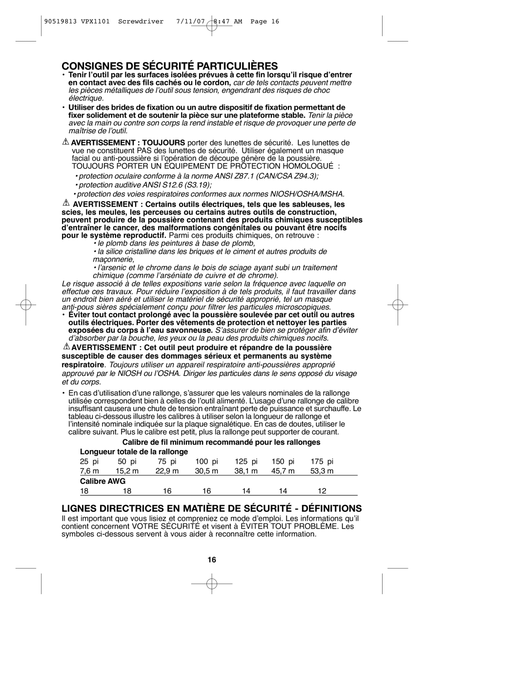 Black & Decker VPX1101 Consignes DE Sécurité Particulières, Lignes Directrices EN Matière DE Sécurité Définitions 