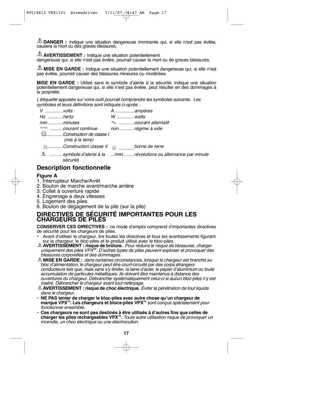 Black & Decker VPX1101 instruction manual Description fonctionnelle 