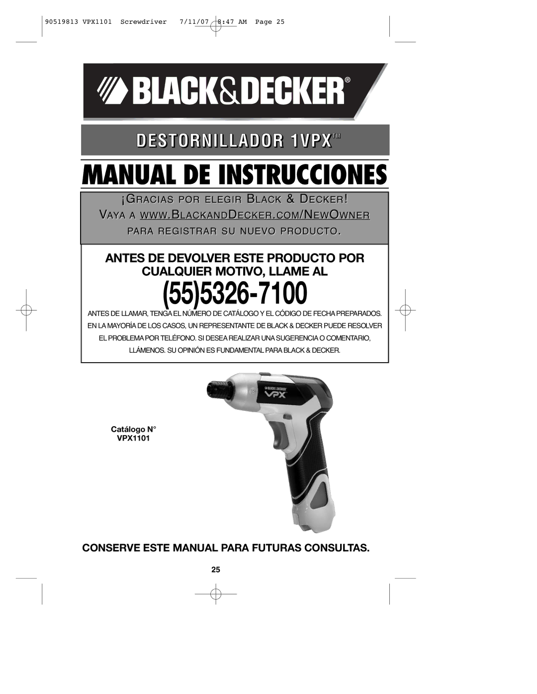 Black & Decker instruction manual Conserve Este Manual Para Futuras Consultas, Catálogo N VPX1101 