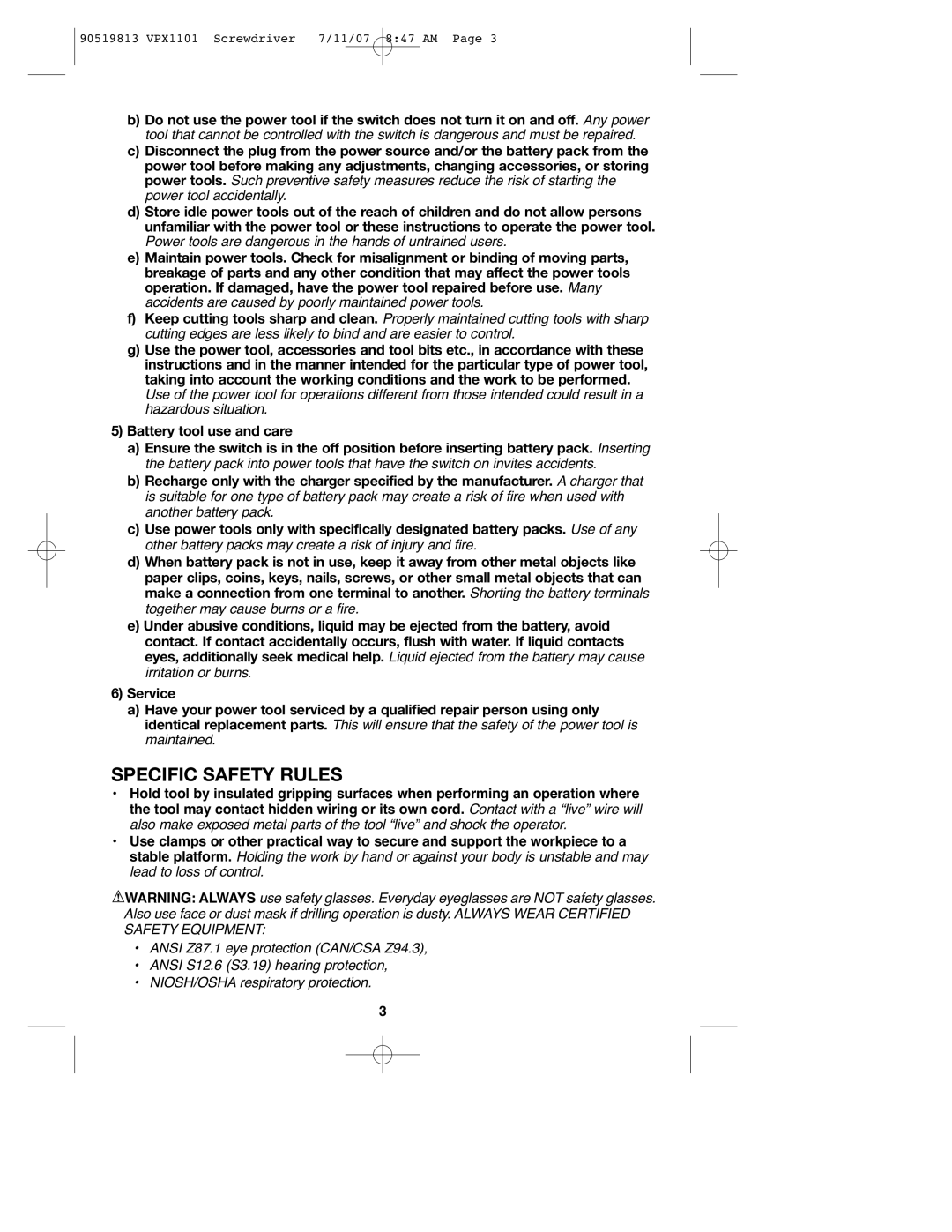 Black & Decker VPX1101 instruction manual Specific Safety Rules 