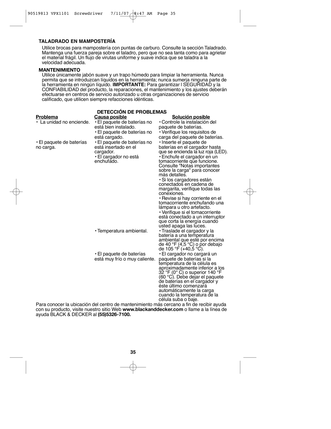 Black & Decker VPX1101 instruction manual Taladrado EN Mampostería, Mantenimiento, Detección DE Problemas 