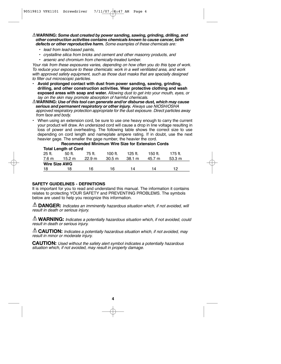 Black & Decker VPX1101 Lay on the skin may promote absorption of harmful chemicals, Safety Guidelines Definitions 