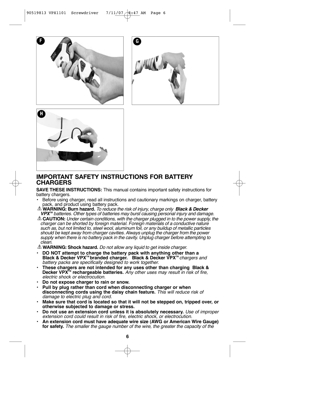 Black & Decker VPX1101 instruction manual Important Safety Instructions for Battery Chargers 