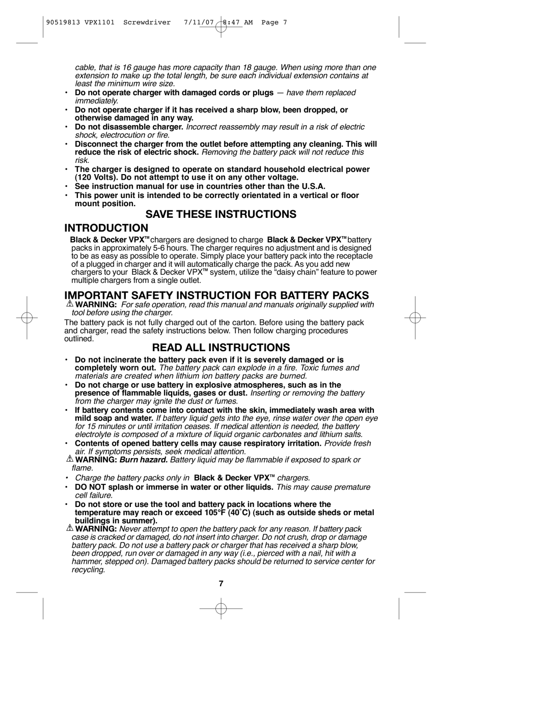 Black & Decker VPX1101 Introduction, Important Safety Instruction for Battery Packs, Read ALL Instructions 