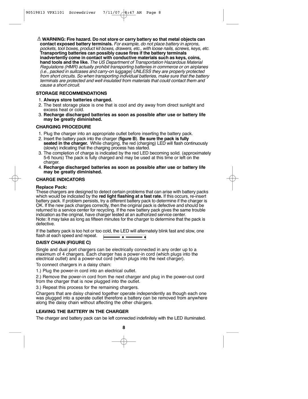 Black & Decker VPX1101 Storage Recommendations, Charging Procedure, Charge Indicators, Daisy Chain Figure C 