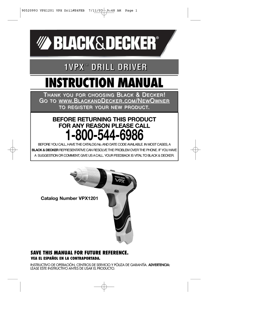 Black & Decker VPX1201 instruction manual Save this Manual for Future Reference, VEA EL Español EN LA Contraportada 