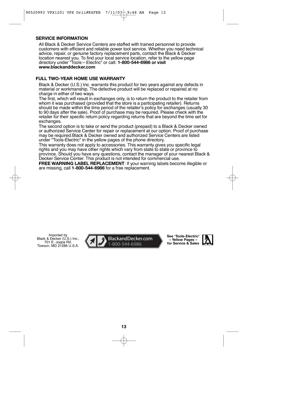 Black & Decker VPX1201 instruction manual Service Information, Full TWO-YEAR Home USE Warranty 