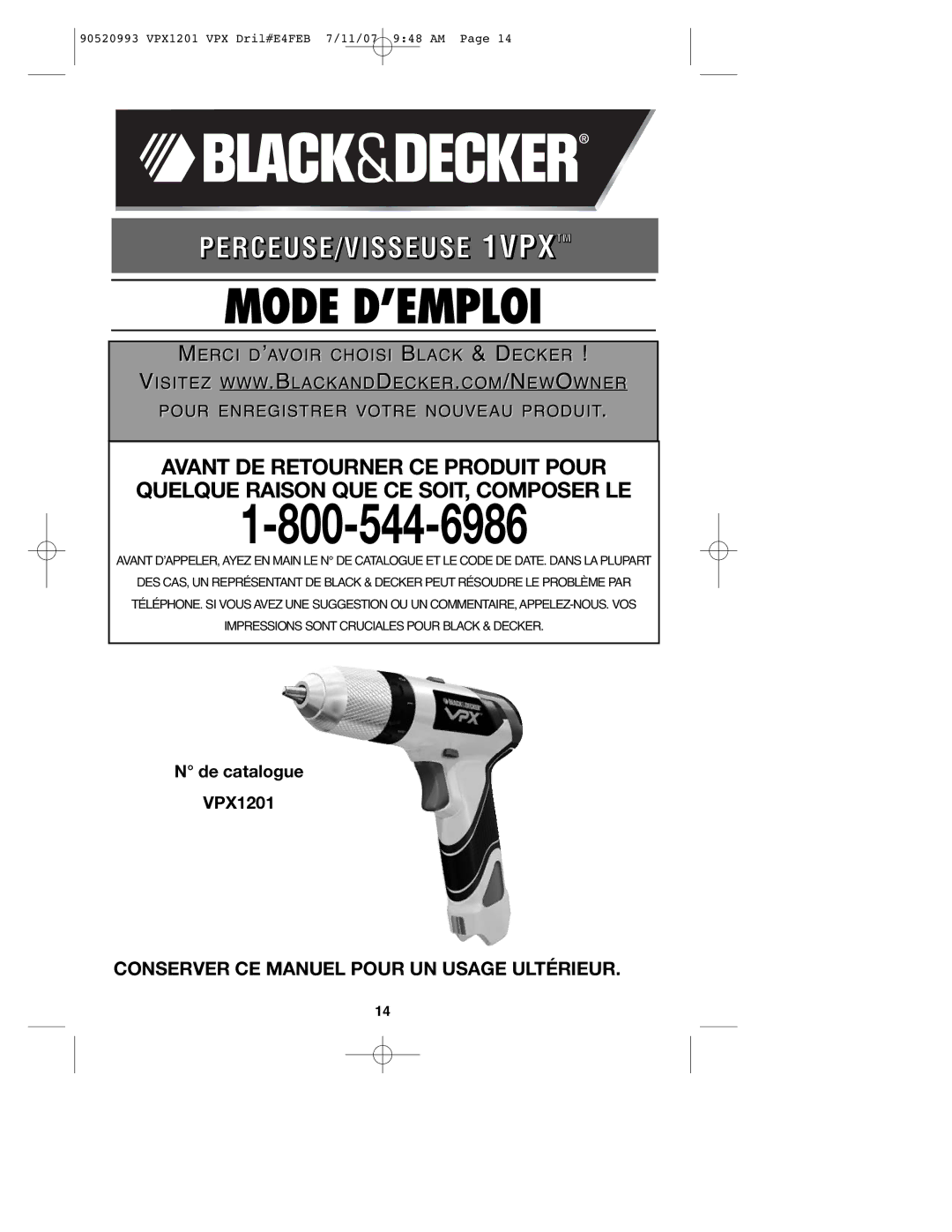 Black & Decker VPX1201 instruction manual Mode D’EMPLOI, Conserver CE Manuel Pour UN Usage Ultérieur 