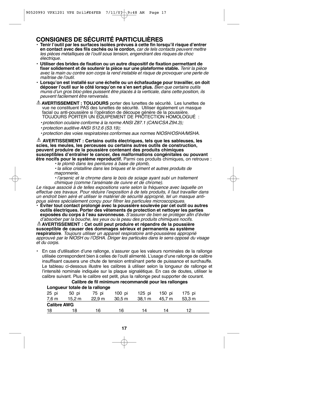 Black & Decker VPX1201 instruction manual Consignes DE Sécurité Particulières 