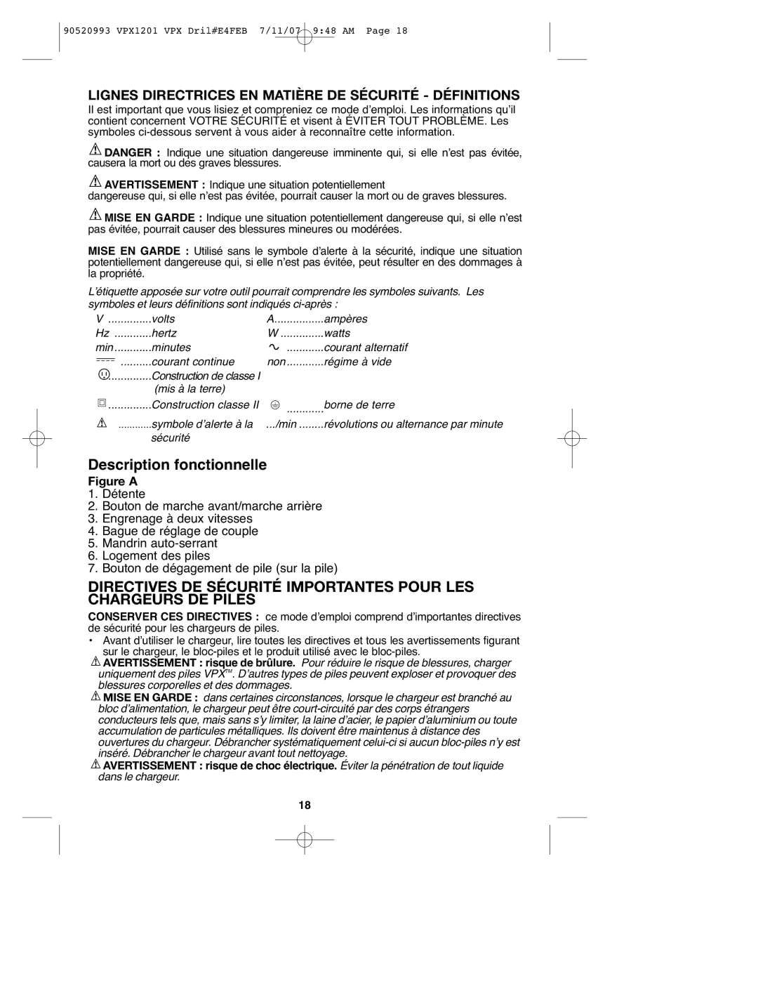 Black & Decker VPX1201 instruction manual Description fonctionnelle 