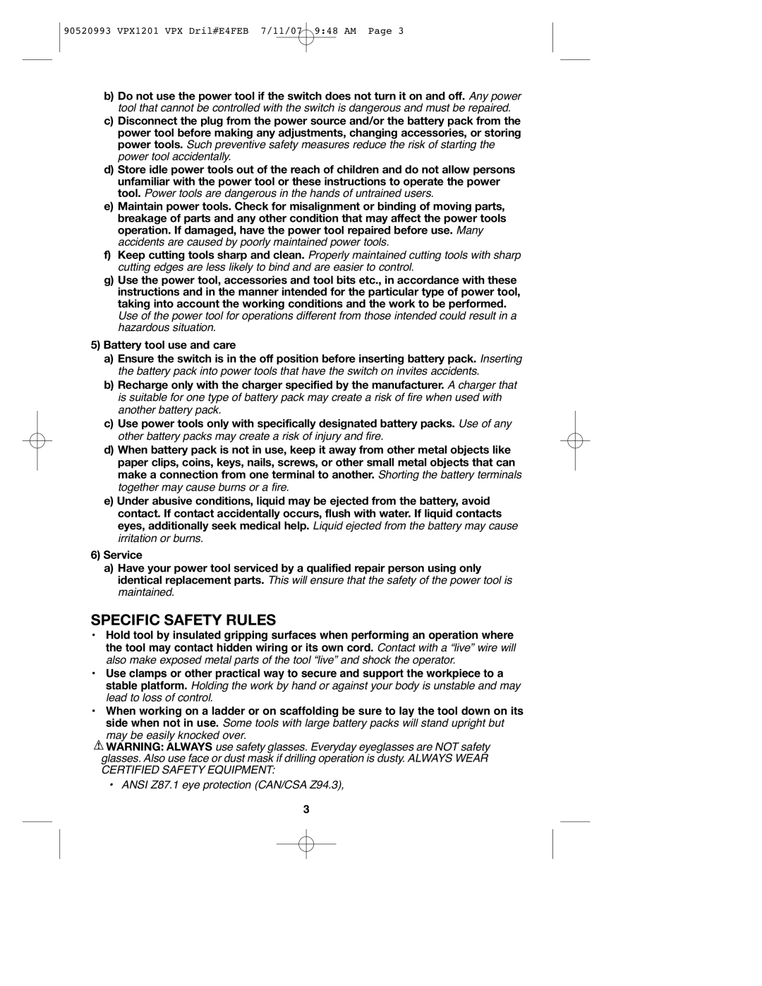 Black & Decker VPX1201 instruction manual Specific Safety Rules 