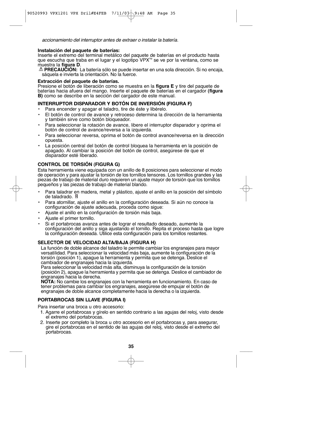 Black & Decker VPX1201 instruction manual Interruptor Disparador Y Botón DE Inversión Figura F, Control DE Torsión Figura G 