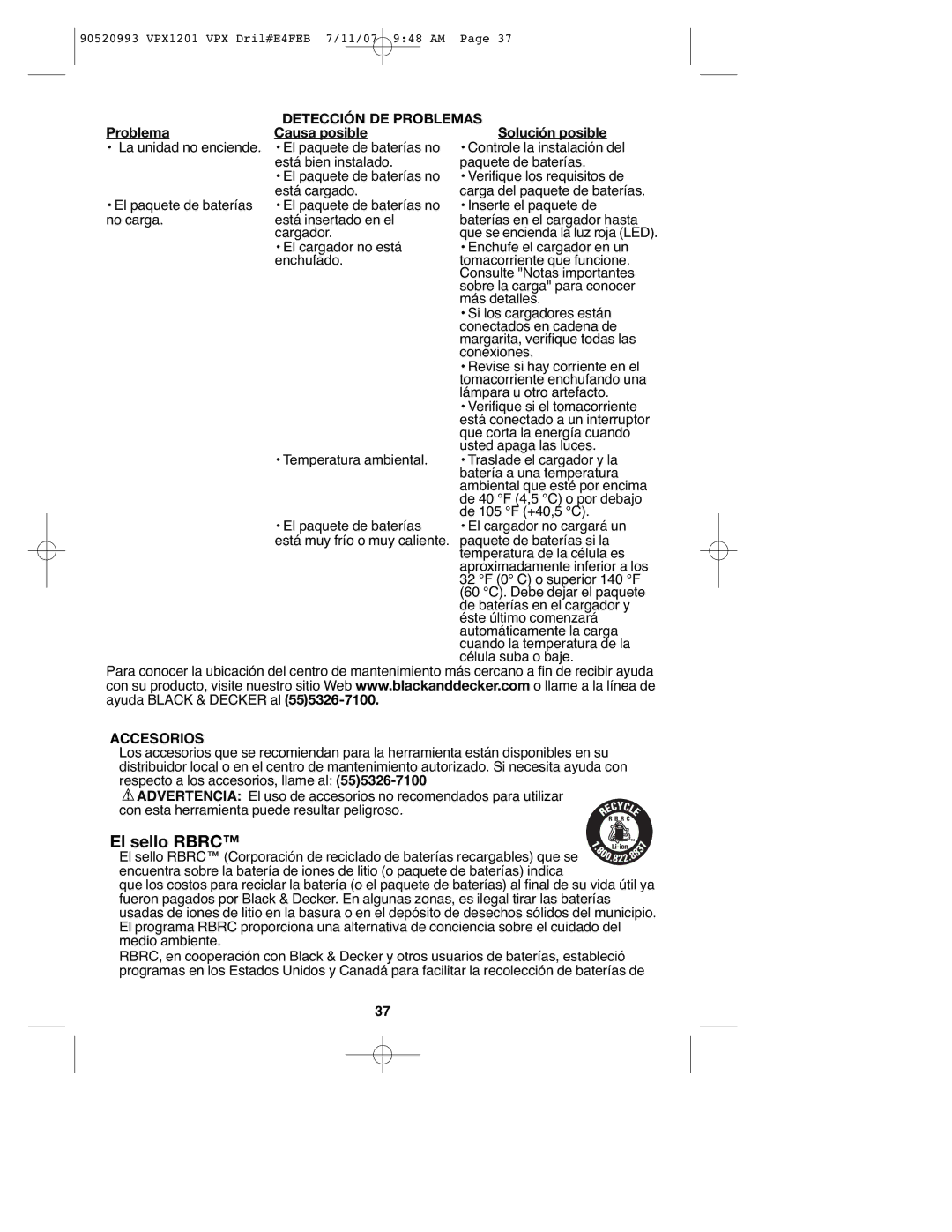 Black & Decker VPX1201 instruction manual Detección DE Problemas, Problema Causa posible Solución posible, Accesorios 