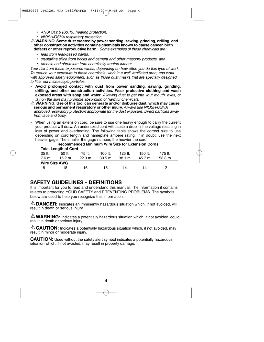 Black & Decker VPX1201 Safety Guidelines Definitions, Lay on the skin may promote absorption of harmful chemicals 