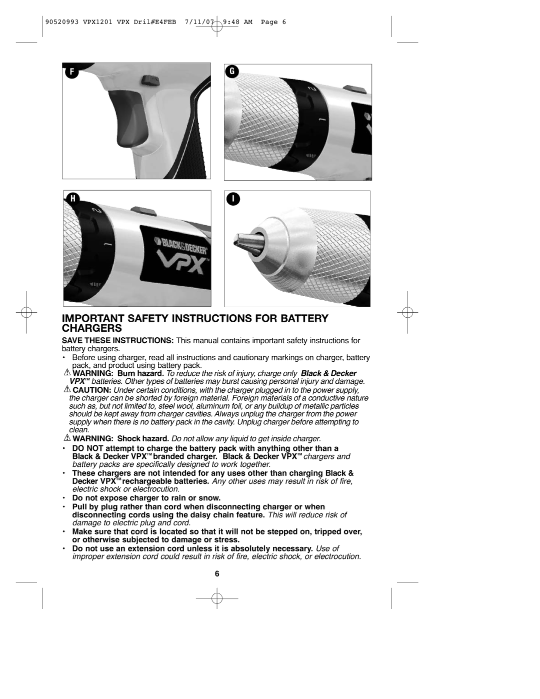 Black & Decker VPX1201 instruction manual Important Safety Instructions for Battery Chargers 