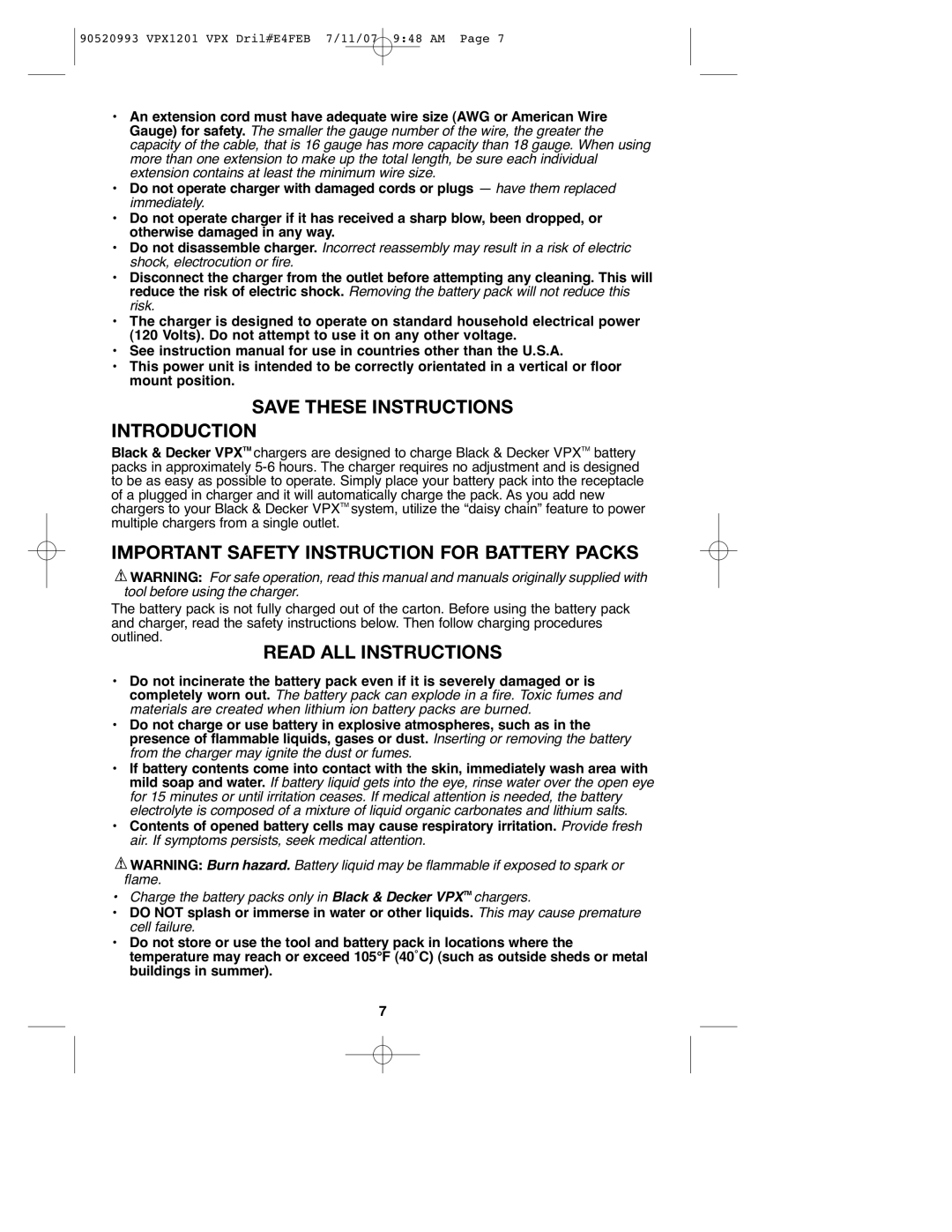 Black & Decker VPX1201 Introduction, Important Safety Instruction for Battery Packs, Read ALL Instructions 