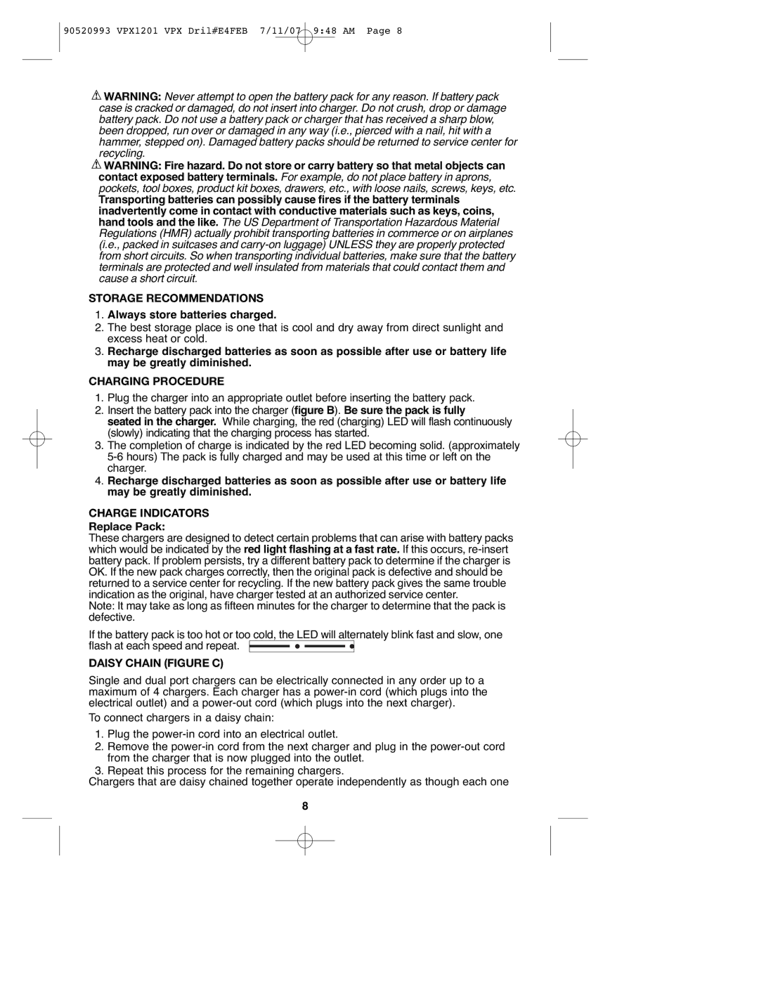 Black & Decker VPX1201 Storage Recommendations, Charging Procedure, Charge Indicators, Replace Pack, Daisy Chain Figure C 