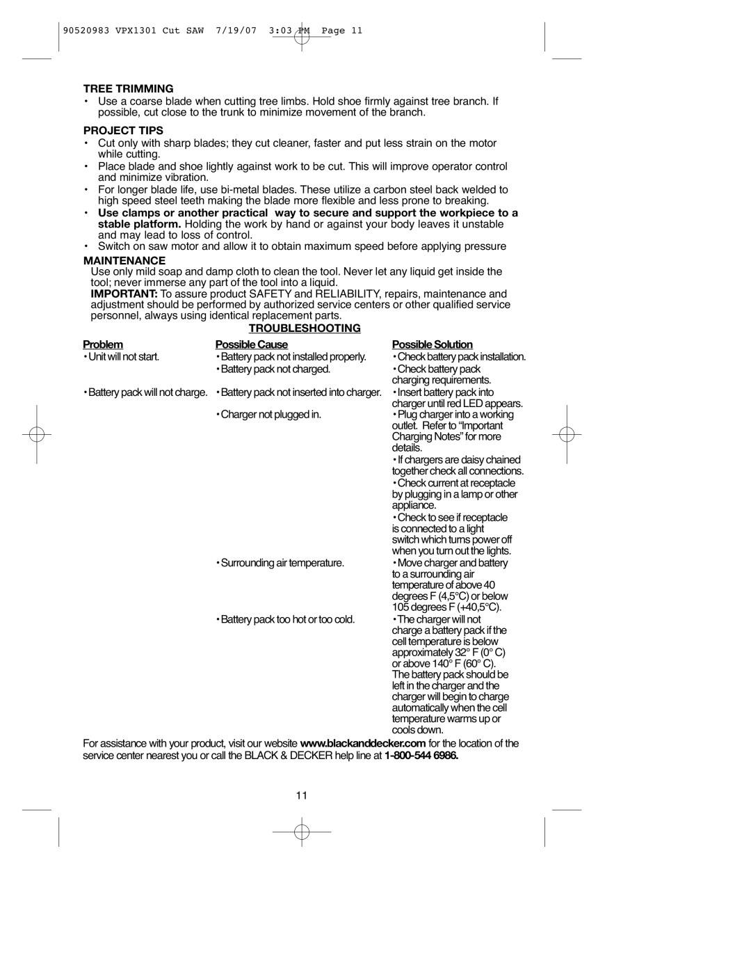 Black & Decker 90520983, VPX1301 instruction manual Tree Trimming, Project Tips, Maintenance, Troubleshooting 