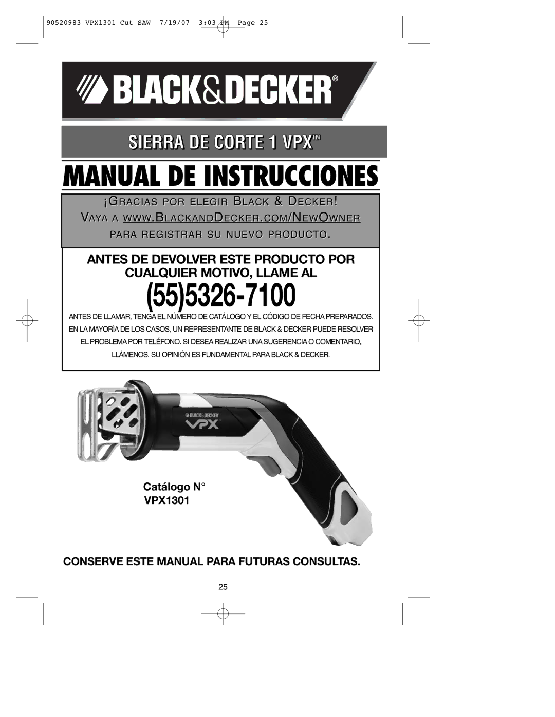 Black & Decker 90520983, VPX1301 instruction manual Manual DE Instrucciones, Conserve Este Manual Para Futuras Consultas 