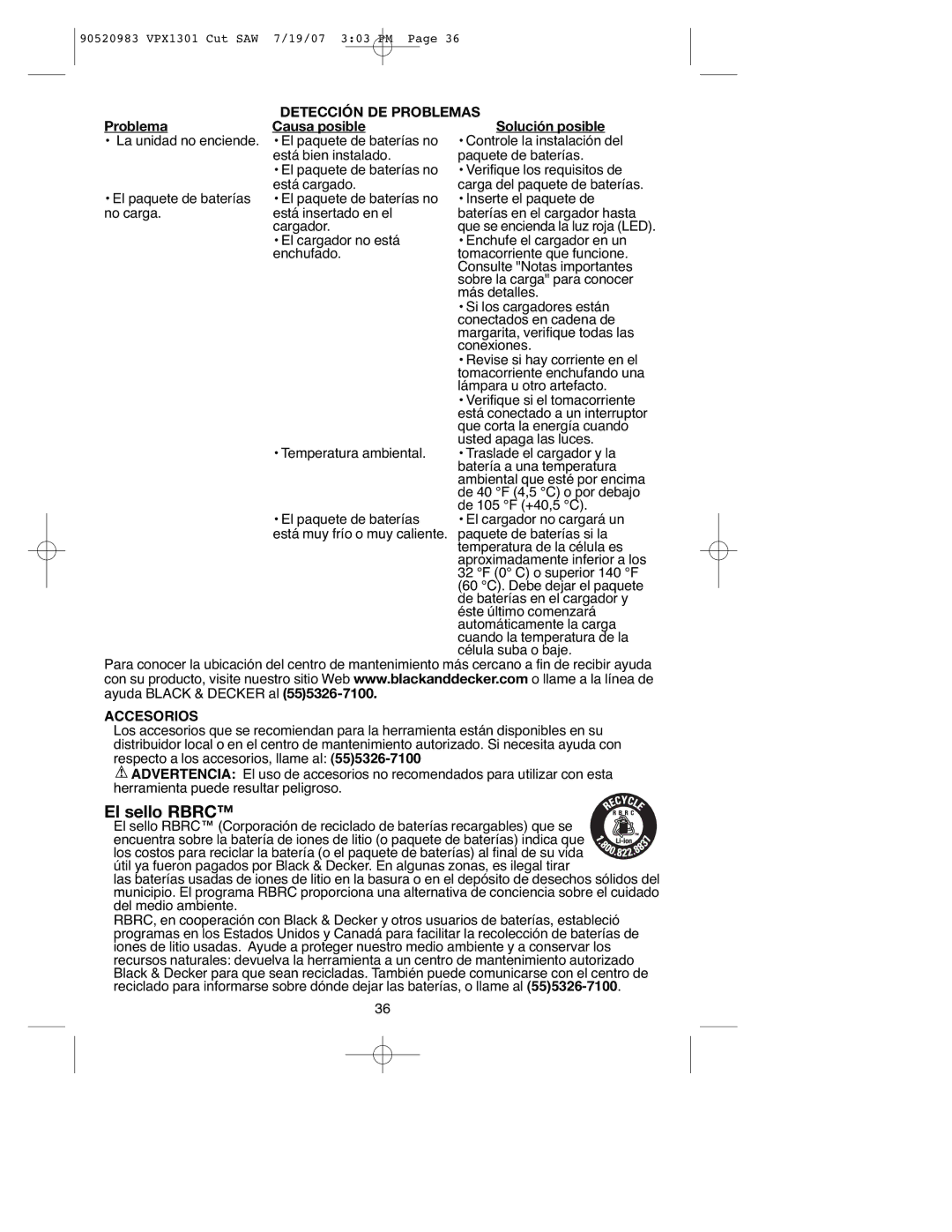 Black & Decker VPX1301, 90520983 instruction manual Detección DE Problemas, Problema Causa posible Solución posible 