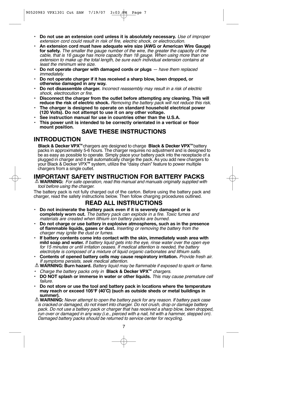 Black & Decker 90520983, VPX1301 Introduction, Important Safety Instruction for Battery Packs, Read ALL Instructions 