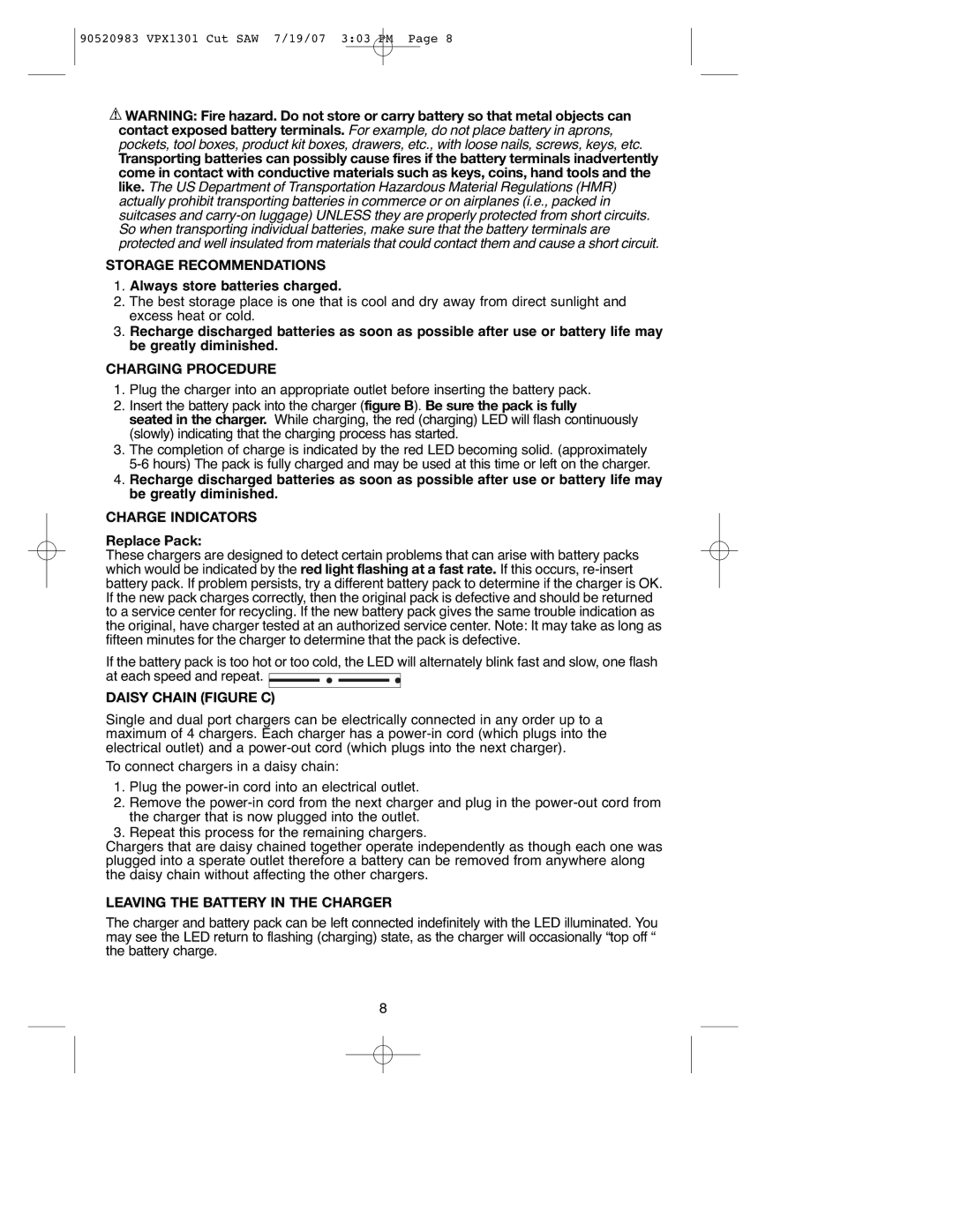 Black & Decker VPX1301, 90520983 Storage Recommendations, Charging Procedure, Charge Indicators, Daisy Chain Figure C 