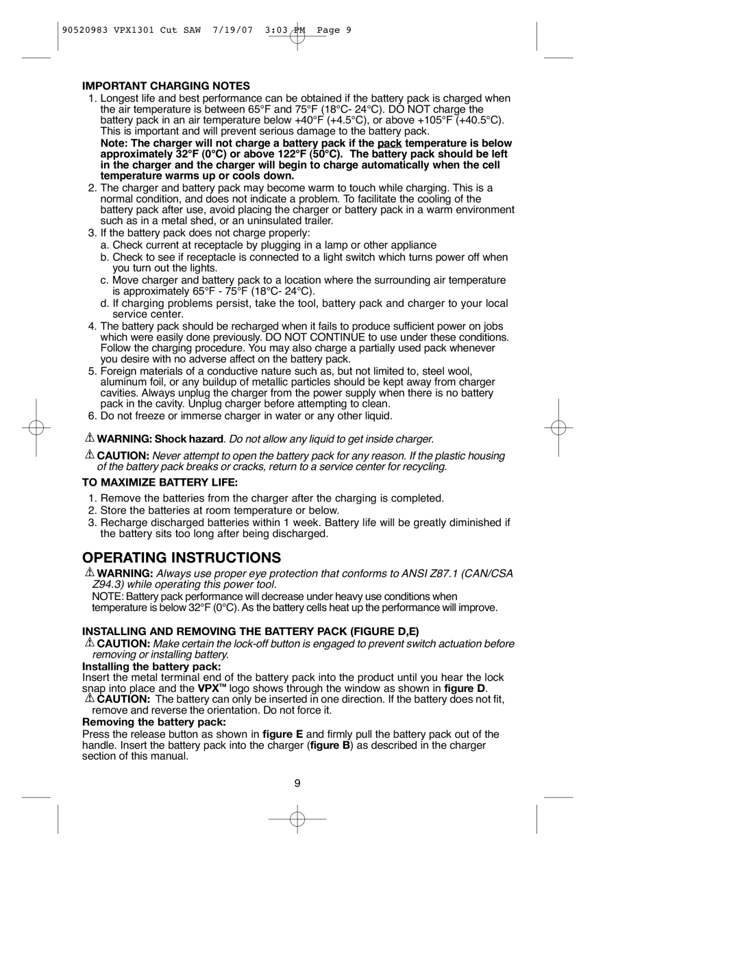 Black & Decker 90520983, VPX1301 Operating Instructions, Important Charging Notes, To Maximize Battery Life 