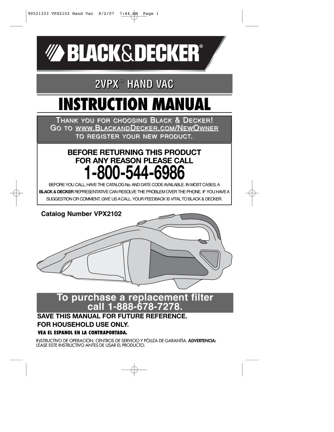 Black & Decker 90521333, VPX2102 instruction manual 2VPXTM Hand VAC, VEA EL Español EN LA Contraportada 