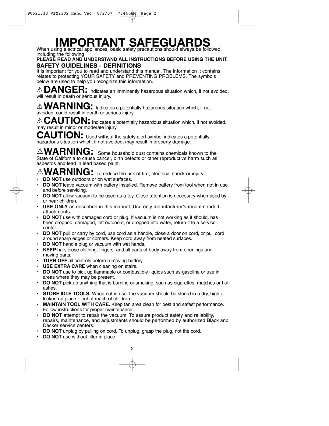 Black & Decker VPX2102, 90521333 instruction manual Important Safeguards 