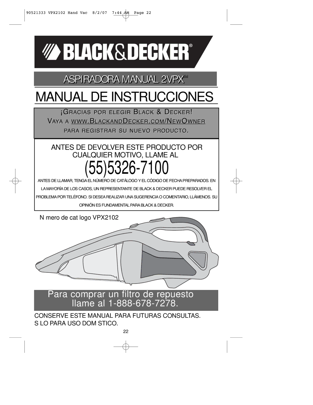 Black & Decker VPX2102, 90521333 instruction manual 555326-7100 