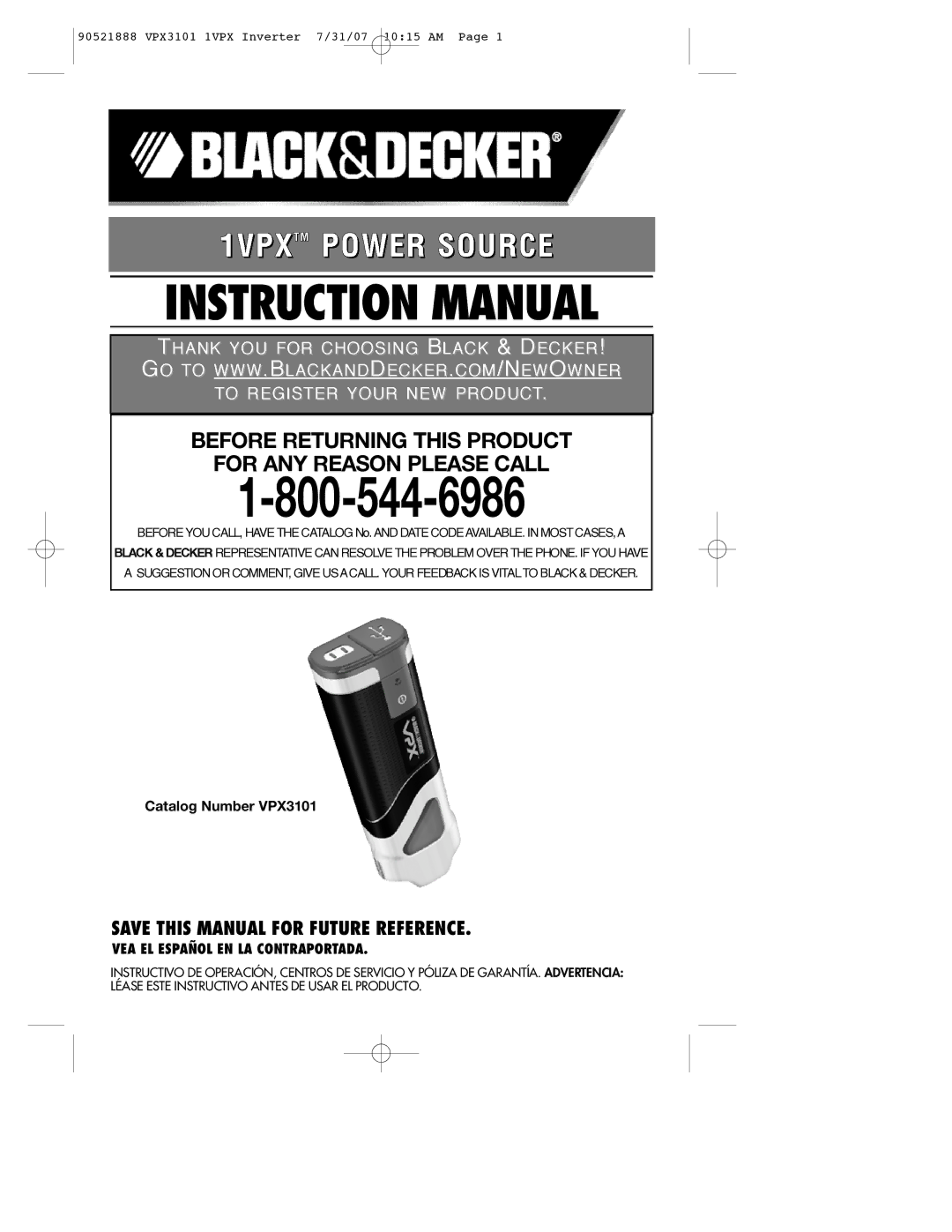 Black & Decker 90521888 instruction manual AVE this Manual for Future Reference, Catalog Number VPX3101 