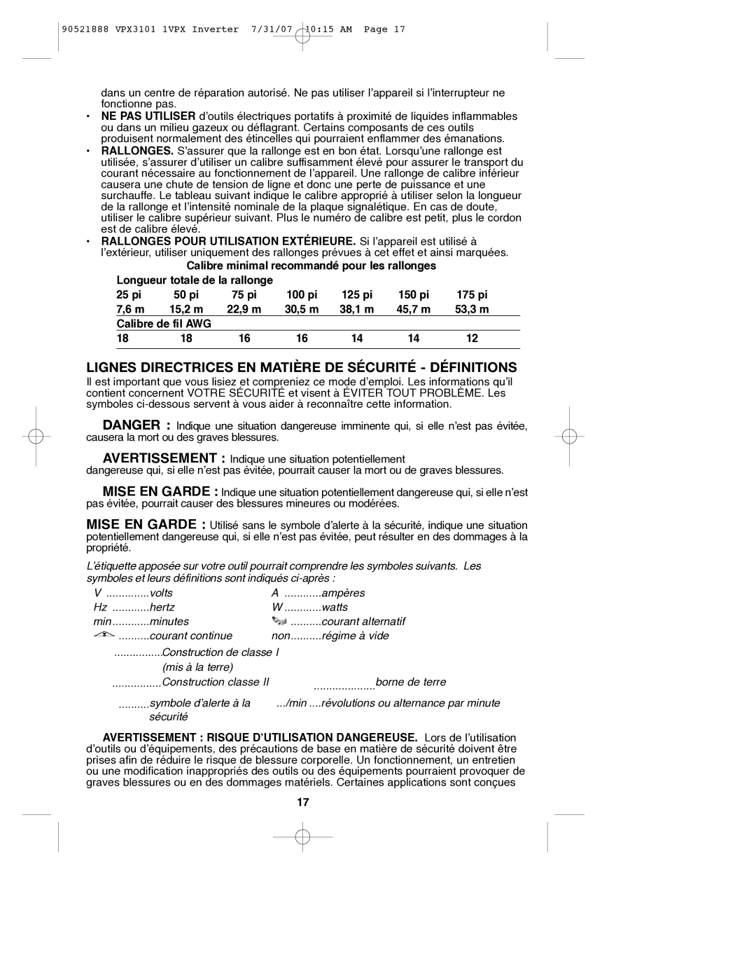 Black & Decker 90521888, VPX3101 instruction manual Lignes Directrices EN Matière DE Sécurité Définitions 