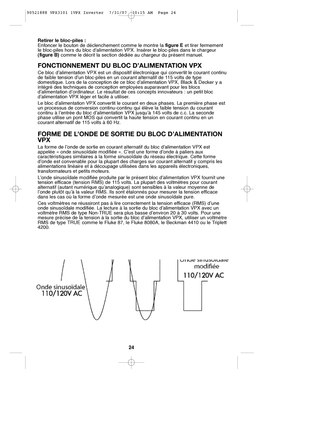 Black & Decker VPX3101 Fonctionnement DU Bloc D’ALIMENTATION VPX, Forme DE L’ONDE DE Sortie DU Bloc D’ALIMENTATION VPX 