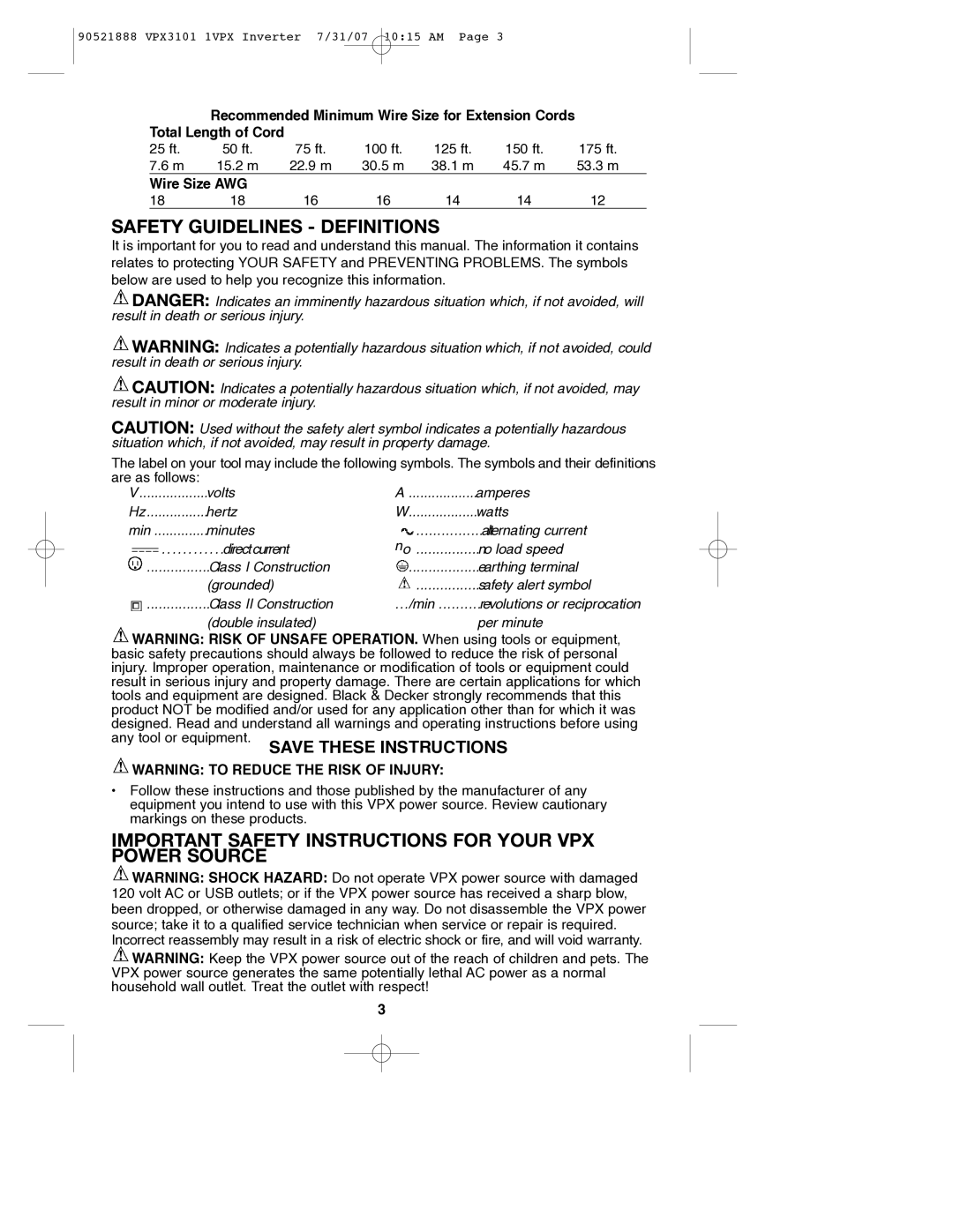 Black & Decker 90521888, VPX3101 Safety Guidelines Definitions, Important Safety Instructions for Your VPX Power Source 