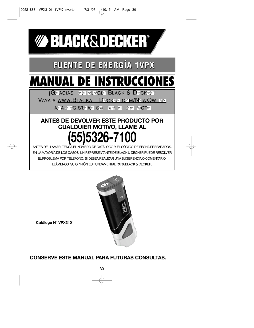 Black & Decker 90521888 instruction manual N S E RVE Este Manual Para Futuras Consulta S, Catálogo N VPX3101 