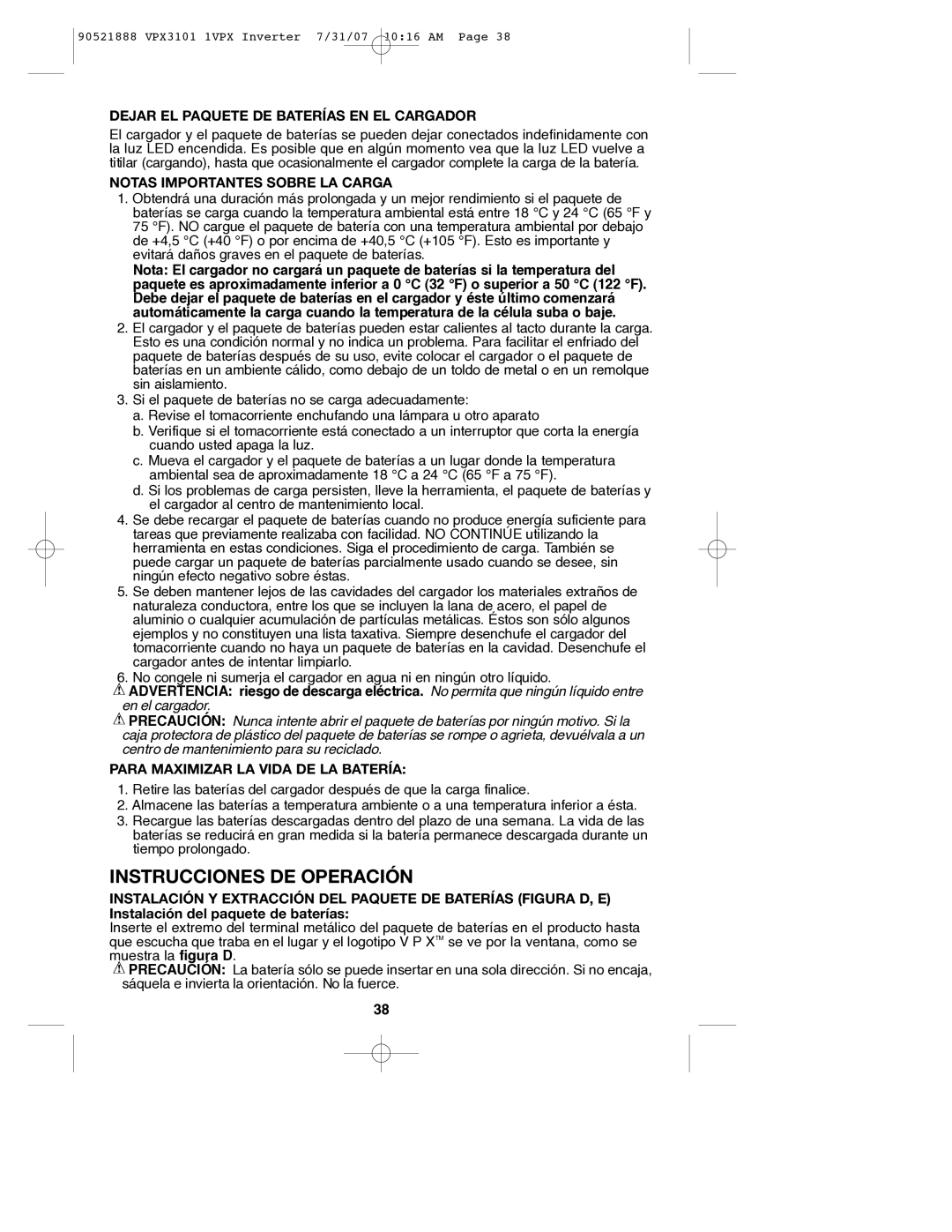 Black & Decker VPX3101, 90521888 instruction manual Instrucciones DE Operación, Dejar EL Paquete DE Baterías EN EL Cargador 