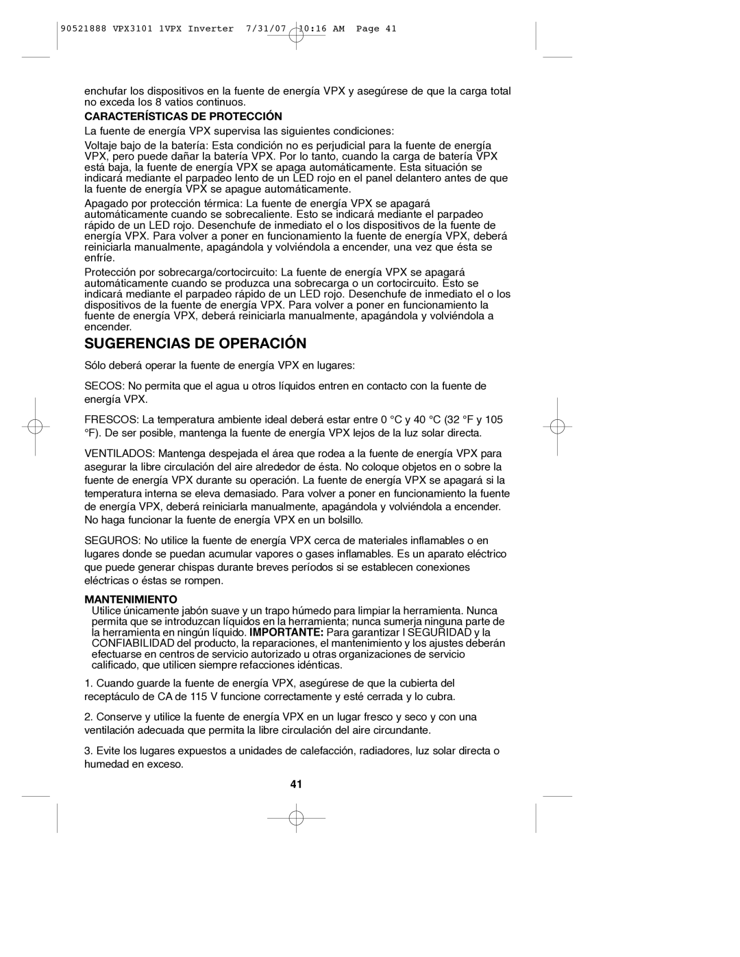 Black & Decker 90521888, VPX3101 Sugerencias DE Operación, Características DE Protección, N T E N I M I E N T O 