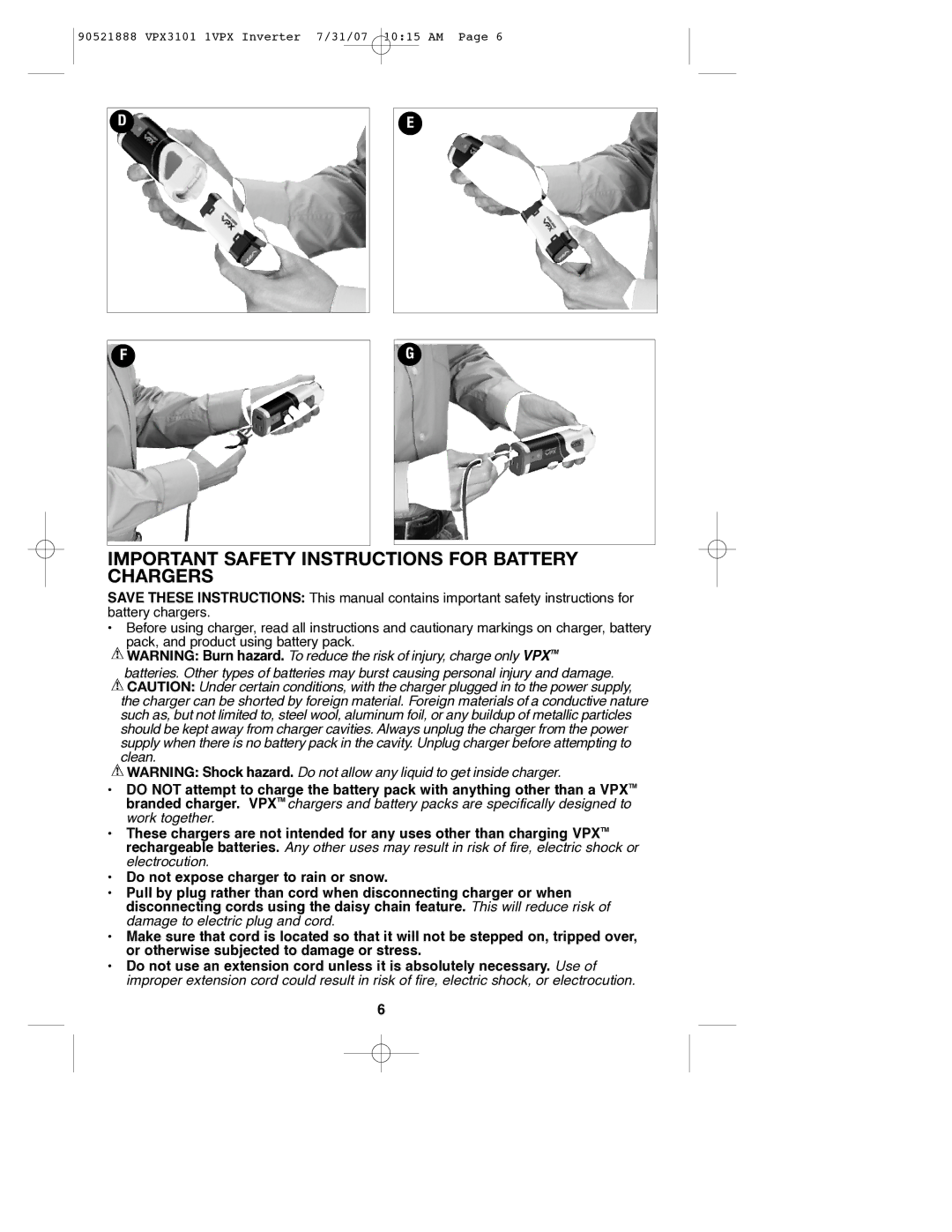 Black & Decker VPX3101, 90521888 instruction manual Important Safety Instructions for Battery Chargers 