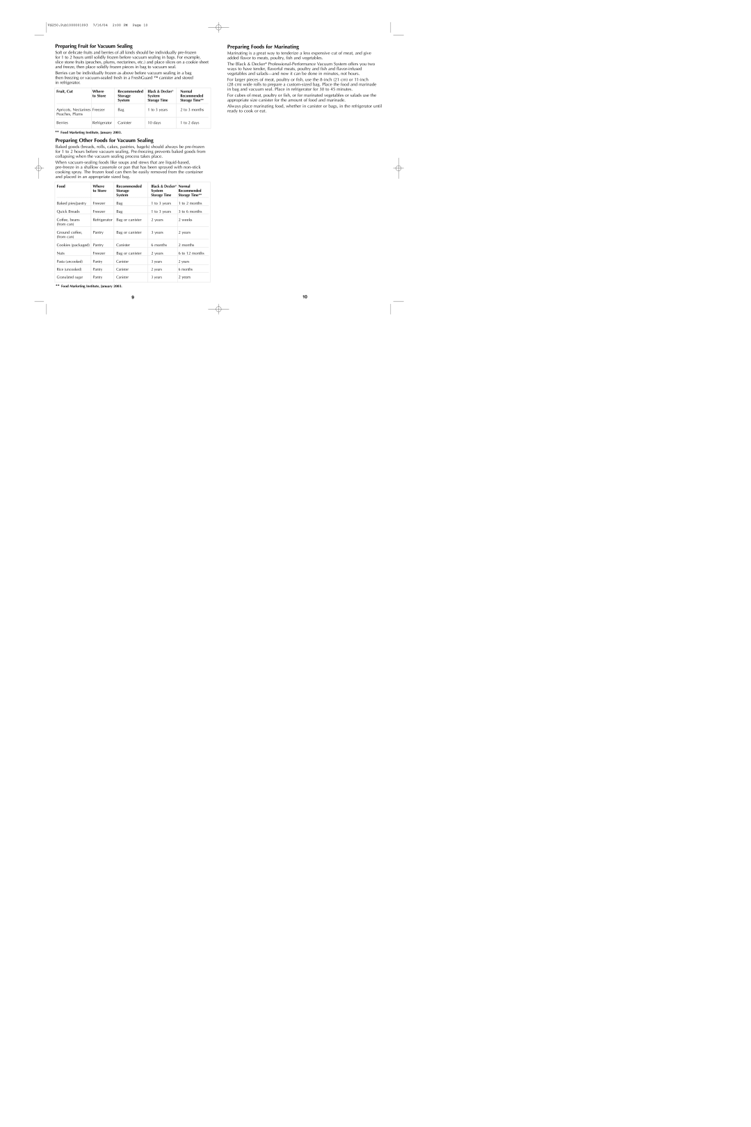 Black & Decker VS350 manual Preparing Fruit for Vacuum Sealing, Preparing Other Foods for Vacuum Sealing, Storage Time 