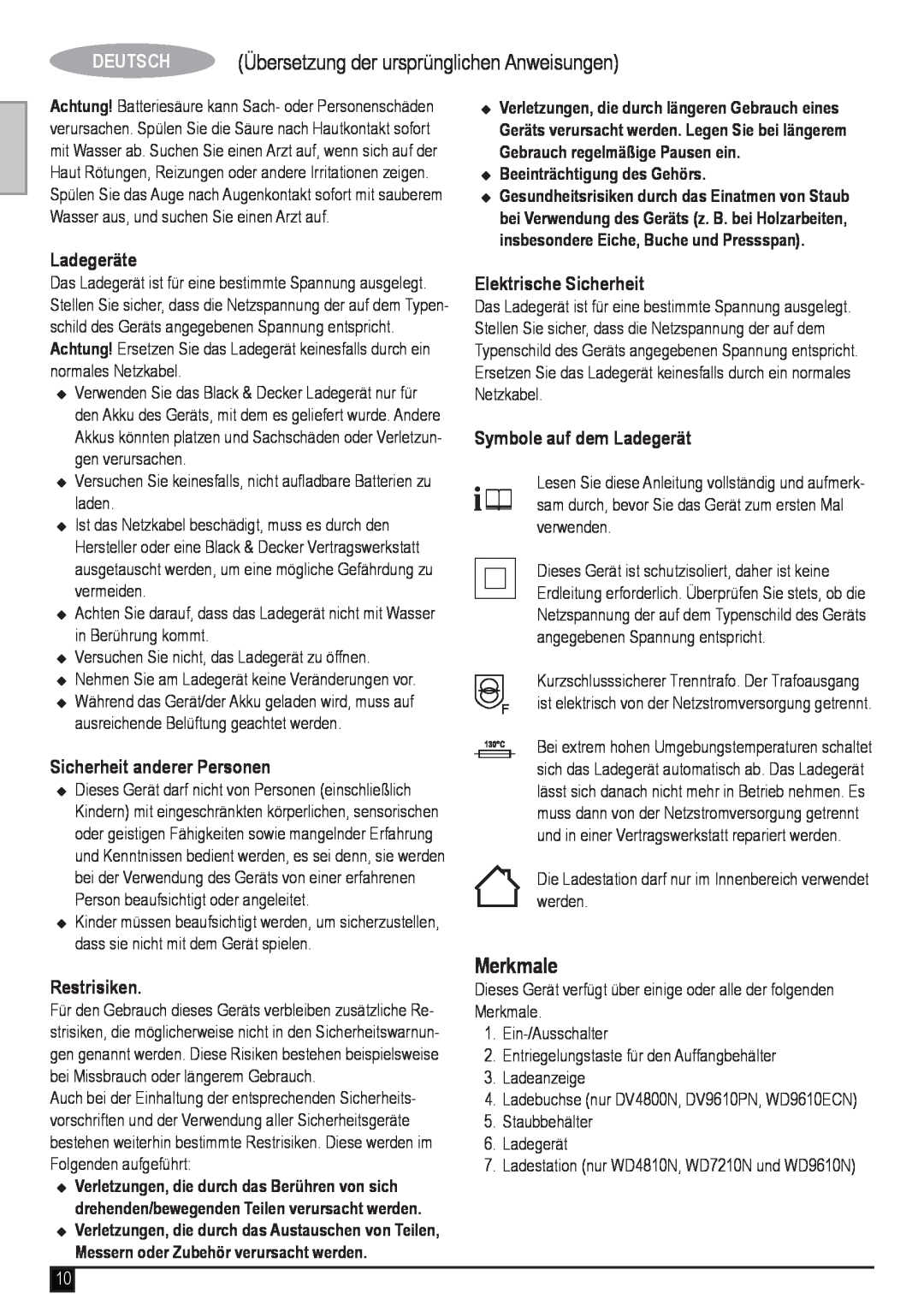Black & Decker WD4810N manual Übersetzung der ursprünglichen Anweisungen, Merkmale, Ladegeräte, Sicherheit anderer Personen 