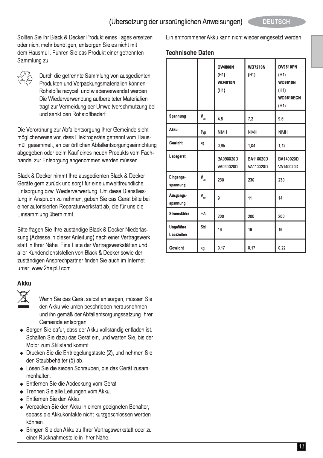Black & Decker WD7210N, WD4810N, WD9610N manual Akku, Technische Daten, Übersetzung der ursprünglichen Anweisungen, Deutsch 