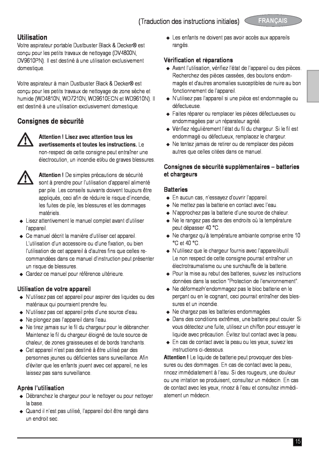 Black & Decker WD4810N manual Traduction des instructions initiales, Français, Utilisation de votre appareil, Batteries 