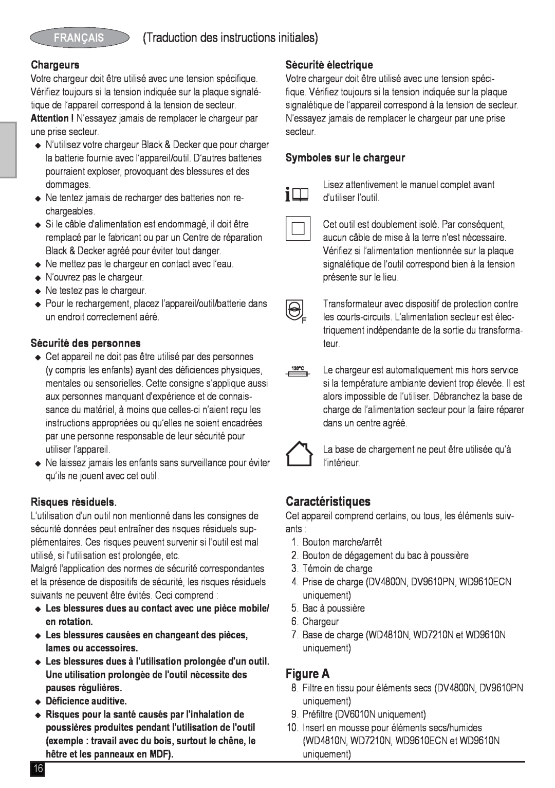 Black & Decker WD9610N, WD4810N manual FRANÇAIS Traduction des instructions initiales, Caractéristiques, Figure A, Chargeurs 