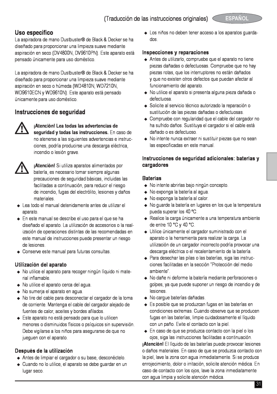 Black & Decker WD9610N manual Traducción de las instrucciones originales, Uso específico, Utilización del aparato, Español 