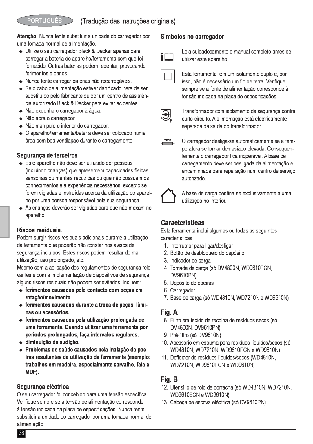 Black & Decker WD7210N manual PORTUGUÊS Tradução das instruções originais, Segurança de terceiros, Riscos residuais, Fig. A 