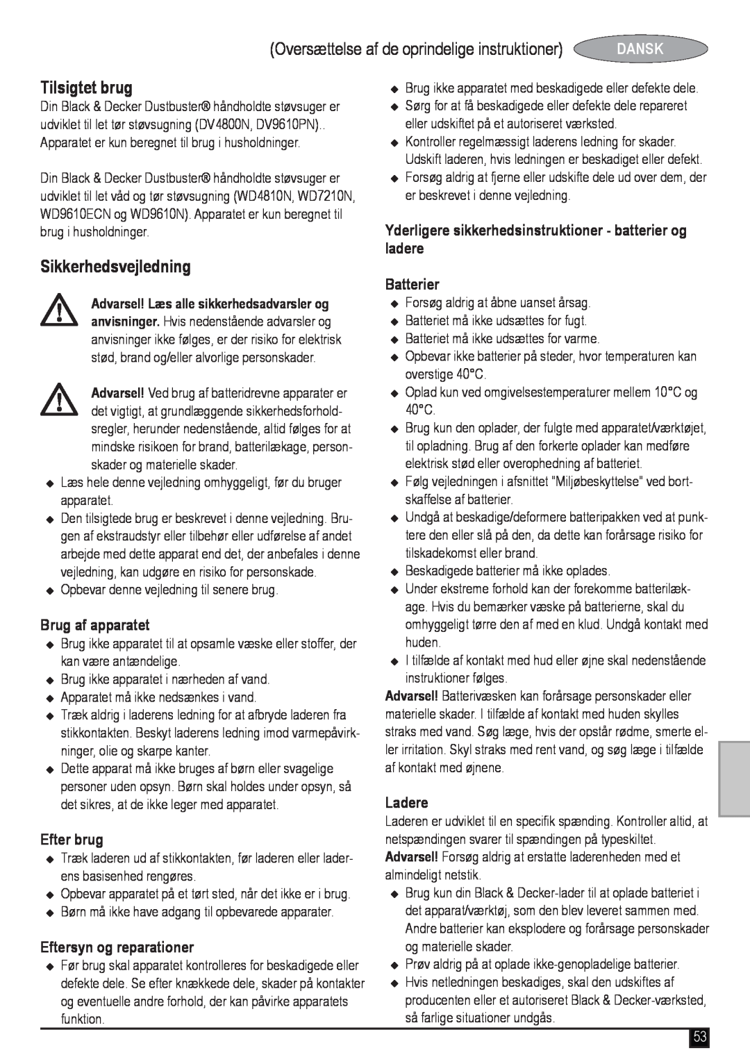Black & Decker WD7210N Oversættelse af de oprindelige instruktioner, Tilsigtet brug, @Sikkerhedsvejledning, Dansk, Ladere 