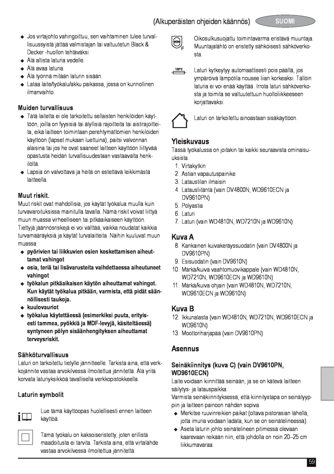 Black & Decker DV9610PN Alkuperäisten ohjeiden käännös, Yleiskuvaus, Kuva A, Kuva B, Asennus, Muiden turvallisuus, Suomi 
