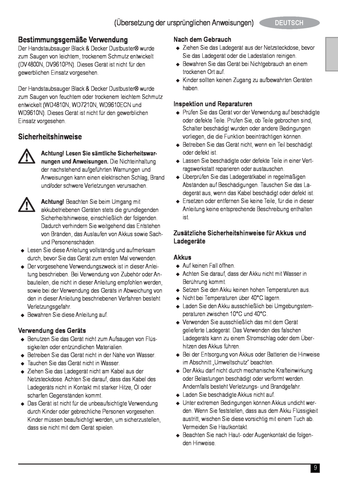 Black & Decker DV9610PN, WD4810N, WD9610N Übersetzung der ursprünglichen Anweisungen, Bestimmungsgemäße Verwendung, Deutsch 